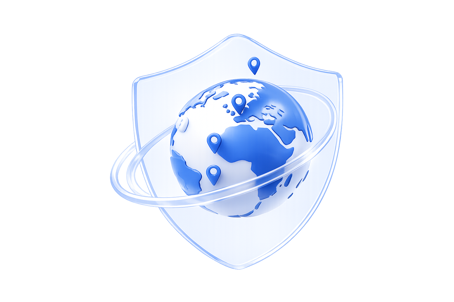 Blue globe inside a protective shield with VPN location pins